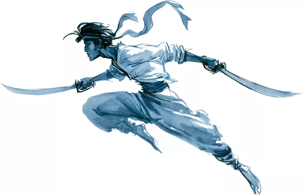 Guerrier bondissant, deux sabres en main, bandeau flottant, dessin aux lavis bleus sur fond blanc