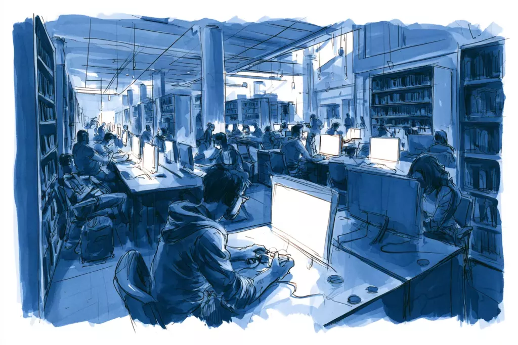 Dessin en camaïeu de bleu d'une salle informatique remplie de personnes assises devant des écrans, entourées d'étagères.