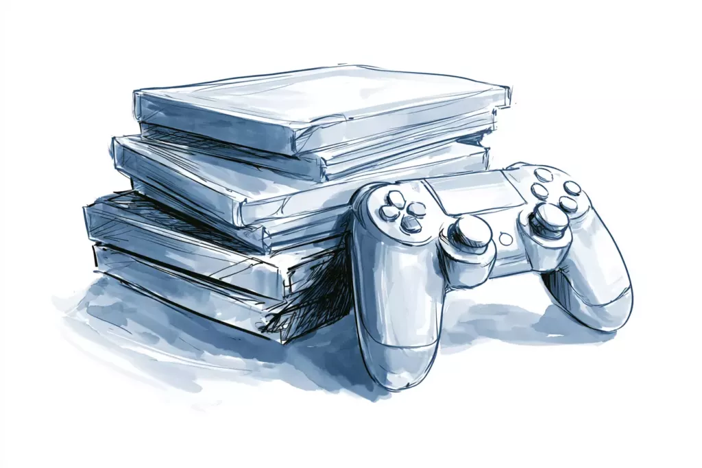 Croquis à l'encre bleue d'une pile de boîtiers de jeux vidéo à côté d'une manette de console