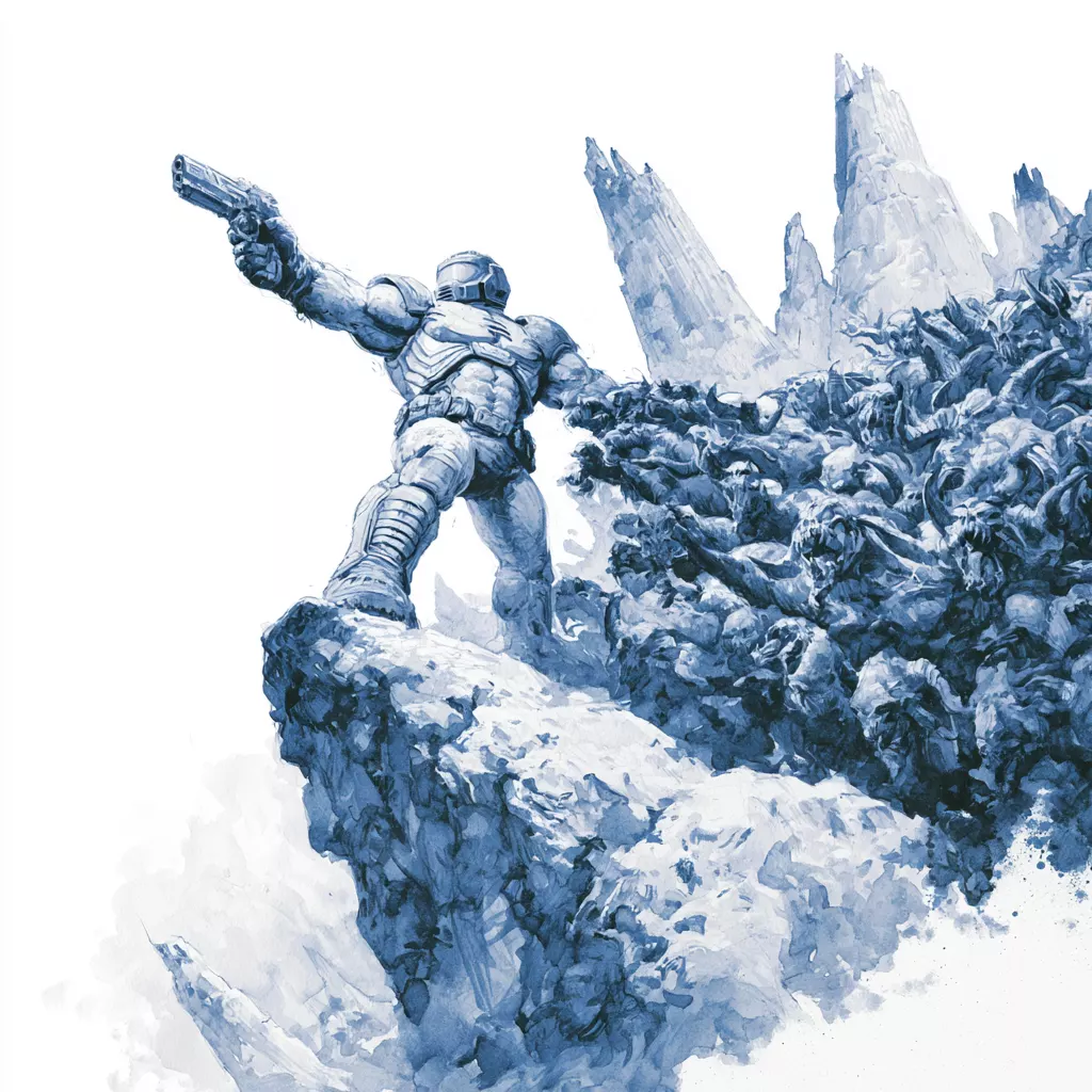 Croquis à l'encre bleue : le marine de Doom, debout sur un promontoire rocheux, repousse une horde de démons cornus.