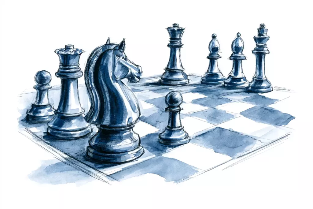 Croquis à l'encre et lavis gris d'un échiquier avec cavalier, dame, roi et pions disposés sur les cases.