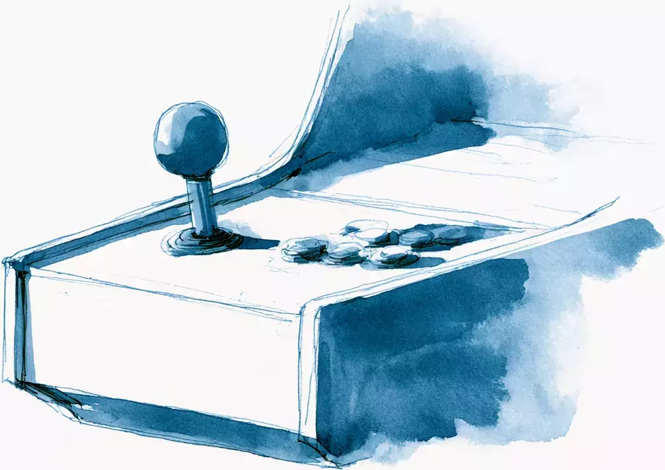 Aquarelle bleue d'une borne d'arcade en gros plan, avec son manche de joystick et six boutons ronds.