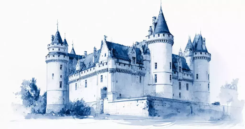 Aquarelle bleue d'un château fort aux nombreuses tours coiffées de toits pointus, entouré d'arbustes, sur fond blanc.