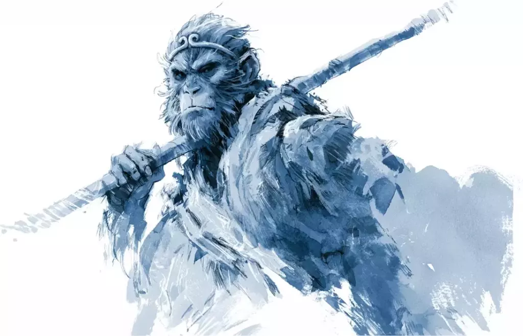 Guerrier spectral aux yeux bleus brandissant une épée, peint en lavis bleuté sur fond blanc