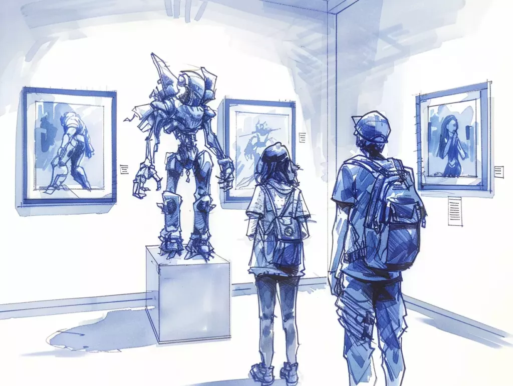 Esquisse à l'encre bleue et au crayon sur papier blanc, illustration éditoriale dessinée à main levée