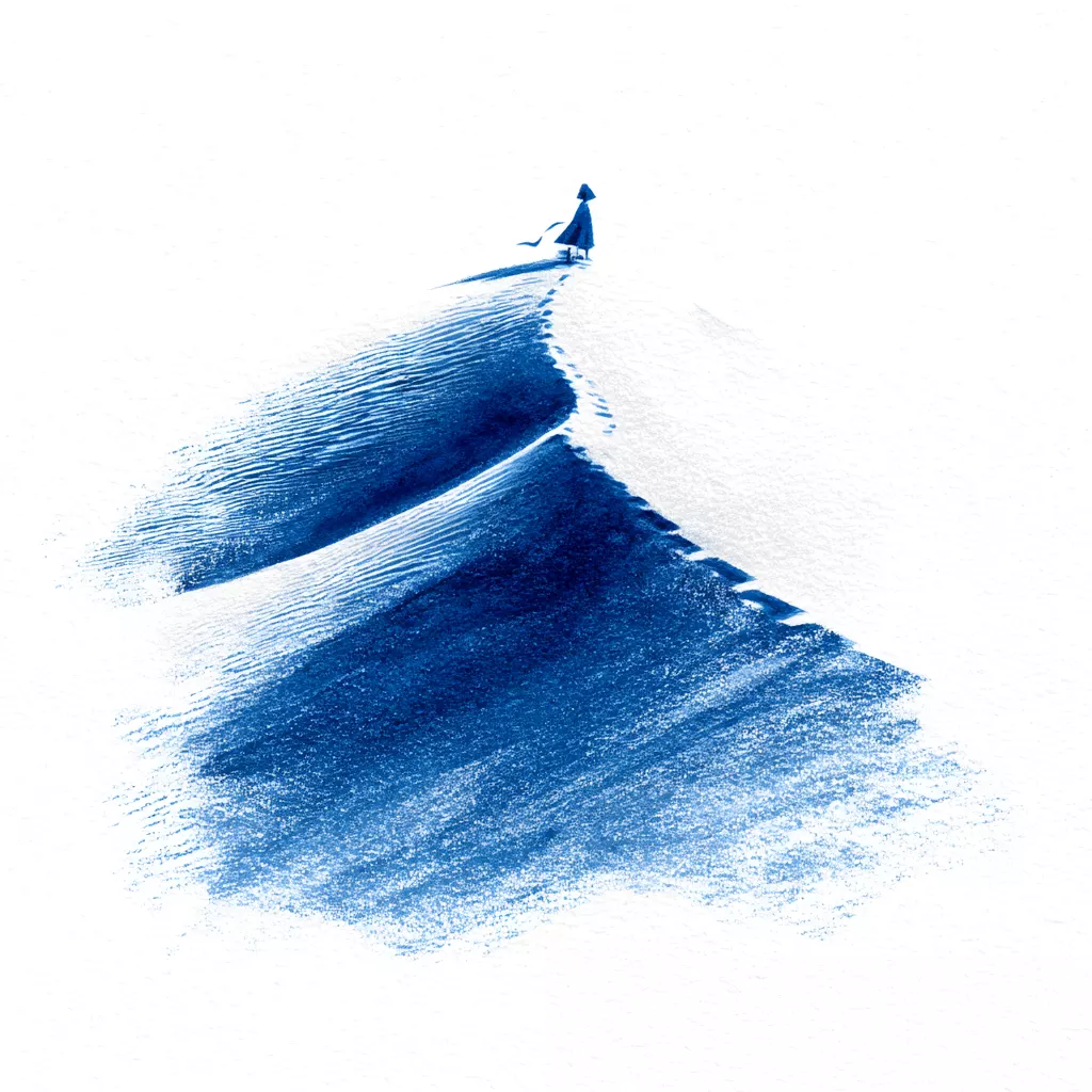 Silhouette d'un personnage debout au sommet d'une pente peinte en larges traits bleus sur fond blanc