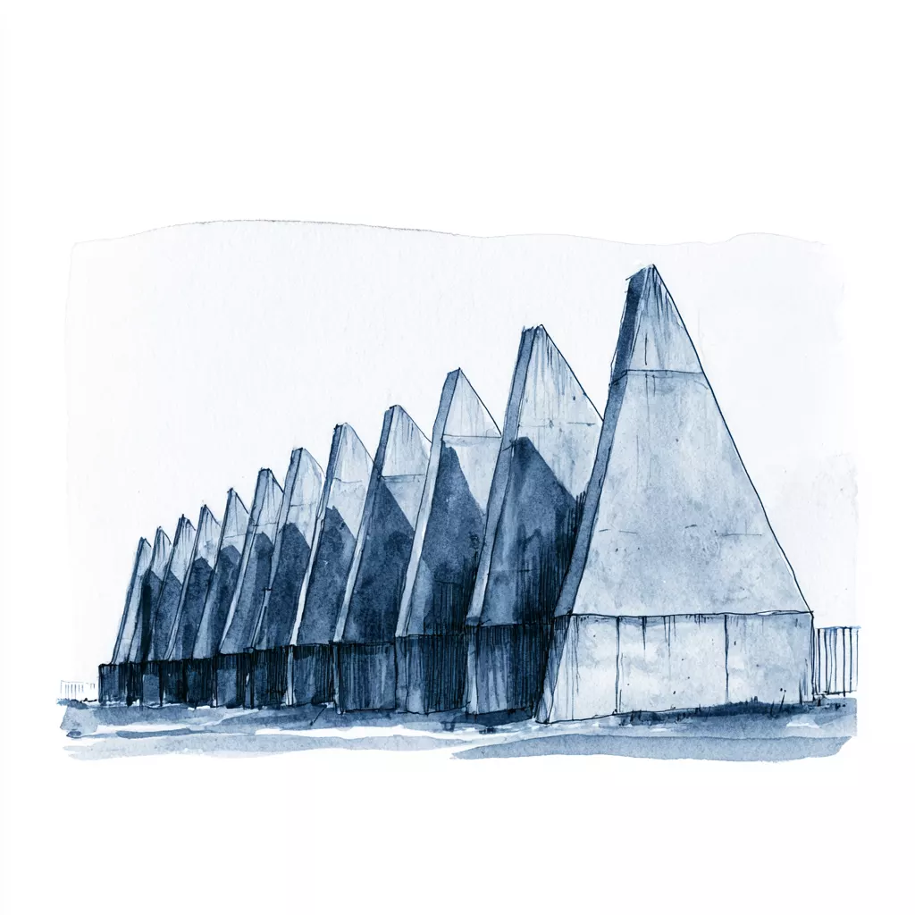Aquarelle bleutée d'une rangée de bâtiments triangulaires alignés en perspective sur fond blanc.