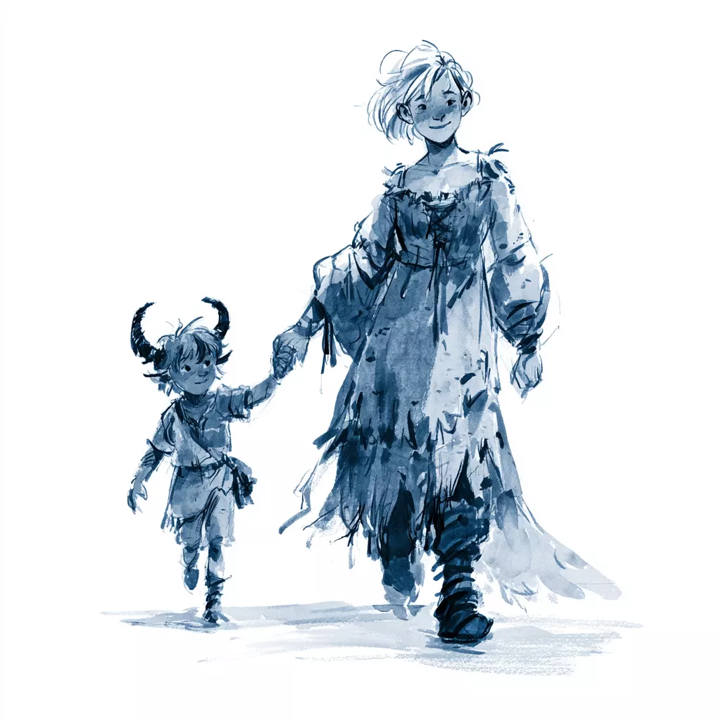Aquarelle bleue d'une femme aux vêtements en lambeaux tenant la main d'un enfant coiffé de cornes.