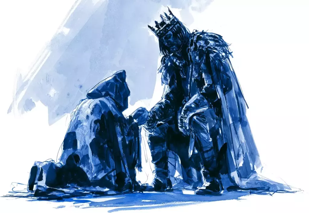 Peinture monochrome bleue d'un roi couronné assis tendant la main vers une figure agenouillée encapuchonnée