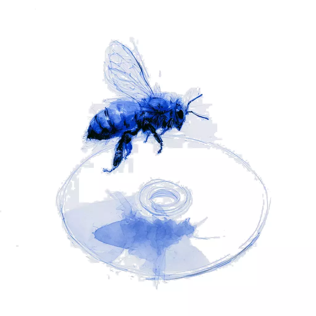 Abeille peinte à l'aquarelle bleue posée au bord d'une soucoupe transparente, sur fond blanc