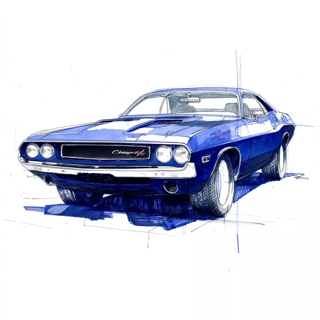 Croquis au feutre bleu d'une voiture américaine des années 1970 vue de trois quarts avant, sur fond blanc
