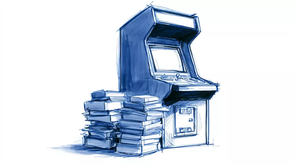 Croquis à l'encre bleue d'une borne d'arcade posée à côté d'une pile de livres et de magazines.