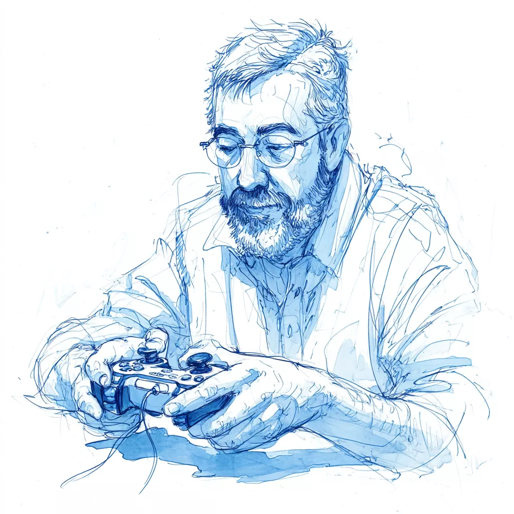 Croquis à l'encre bleue d'un homme barbu à lunettes tenant une manette de jeu vidéo, le regard baissé.