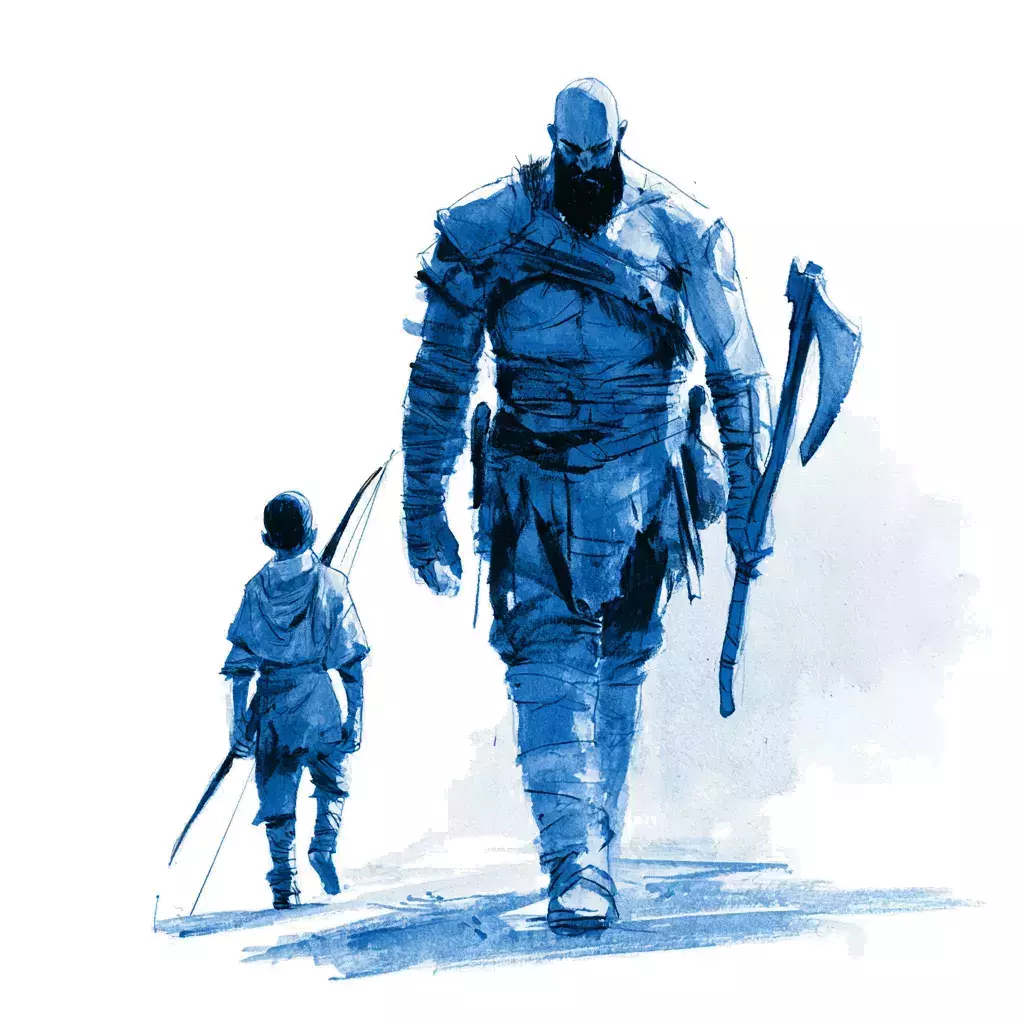 Aquarelle bleue d'un guerrier masqué tenant une hache, marchant aux côtés d'un enfant armé d'une lance, sur fond blanc.
