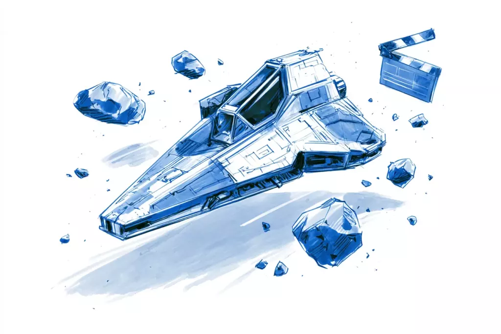 Vaisseau triangulaire filaire tirant sur des astéroïdes anguleux, façon écran vectoriel d'Asteroids, au lavis d'encre bleu indigo sur papier crème — croquis de presse LCLE.