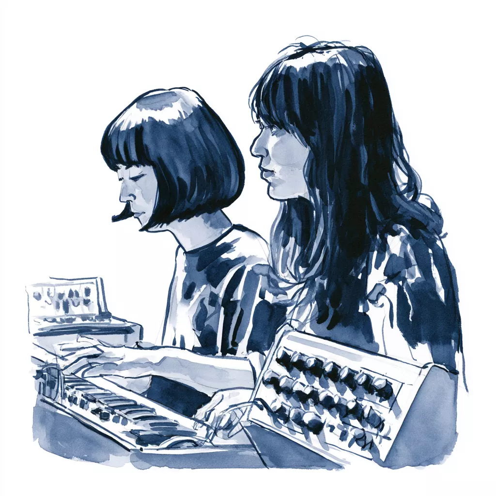 Dessin à l'encre bleue de deux femmes de profil manipulant des synthétiseurs et un clavier, l'une une cigarette aux lèvres.