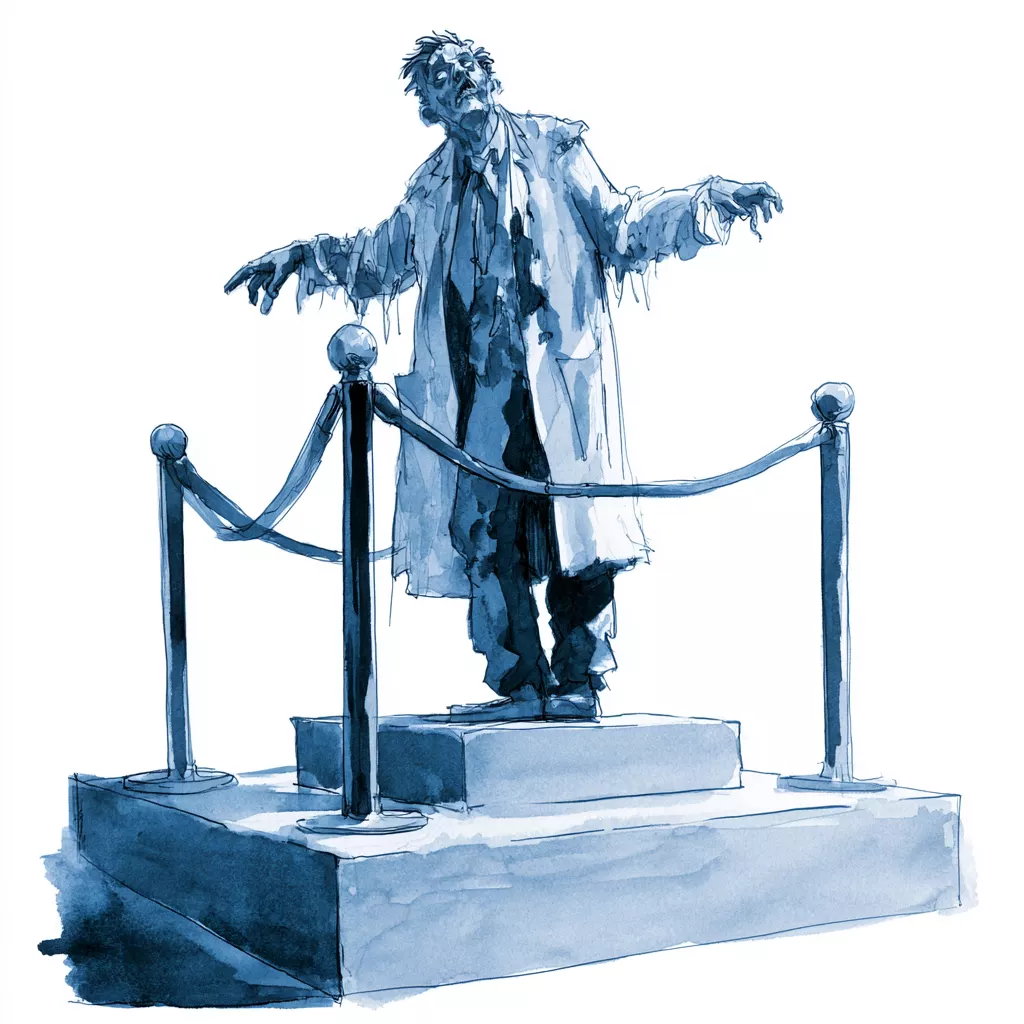 Aquarelle bleutée d'une statue d'homme en manteau, bras écartés, sur un socle entouré de poteaux reliés par des cordons.