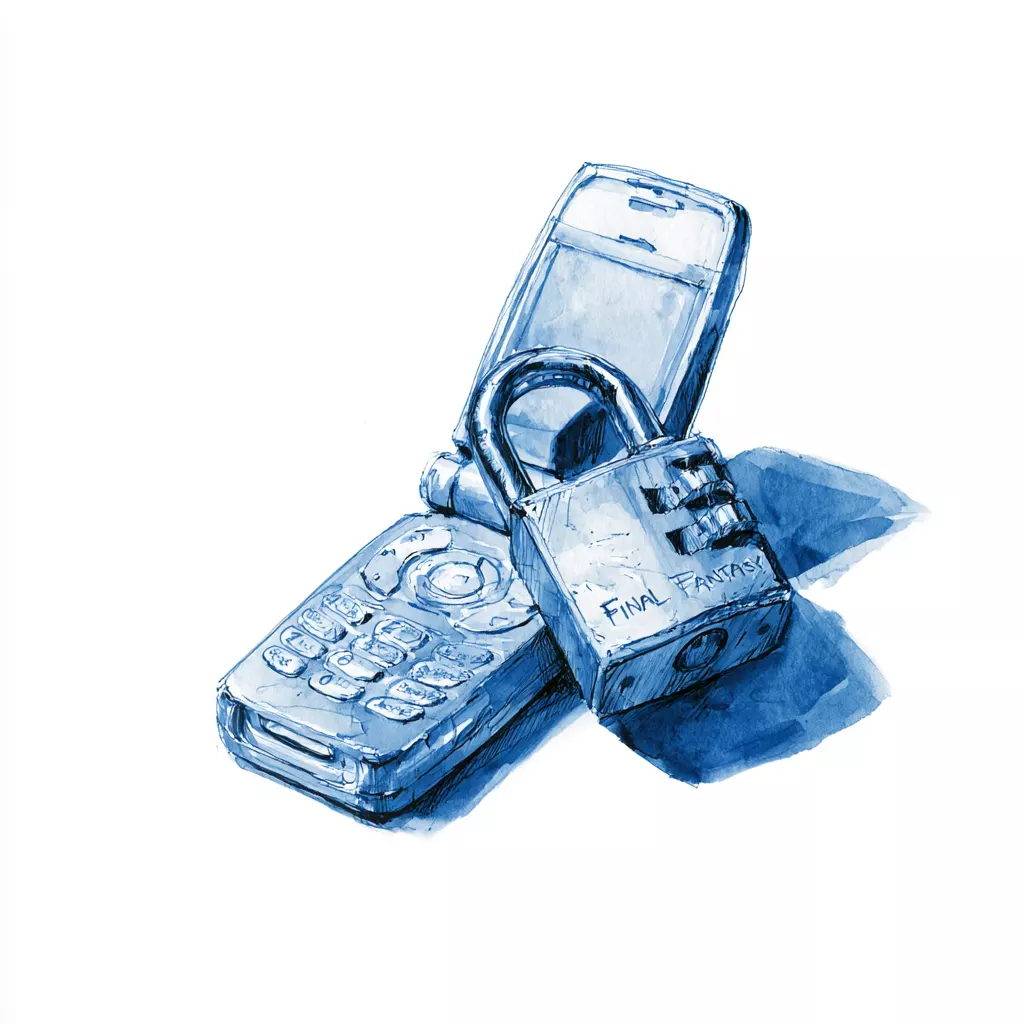 Croquis aux tons bleus d'un téléphone portable à clapet ouvert, entouré d'une chaîne fermée par un cadenas.