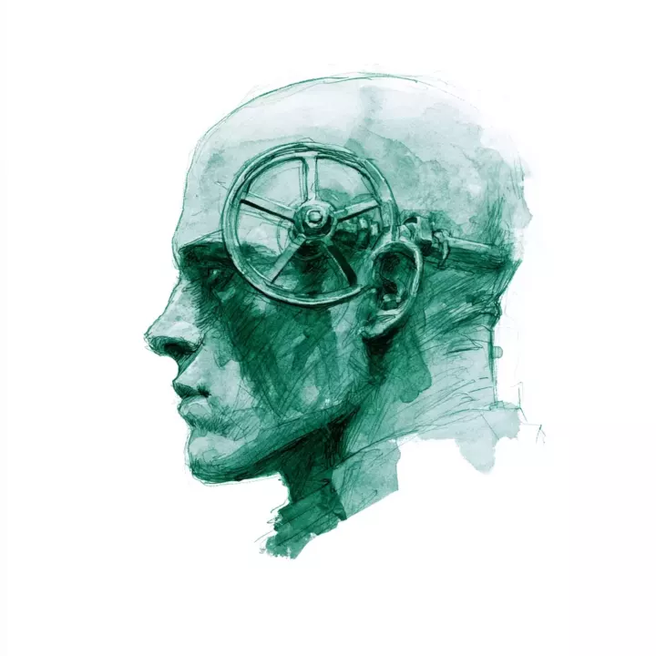 Profil d'un visage d'homme peint à l'aquarelle bleue, avec une roue à rayons insérée dans le crâne.