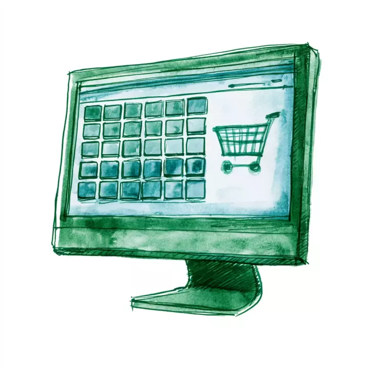 Aquarelle verte d'un écran d'ordinateur affichant une grille de vignettes et un chariot de supermarché