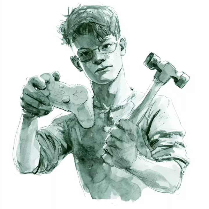 Aquarelle verte d'un jeune homme à lunettes tenant une manette de jeu dans une main et un marteau dans l'autre.