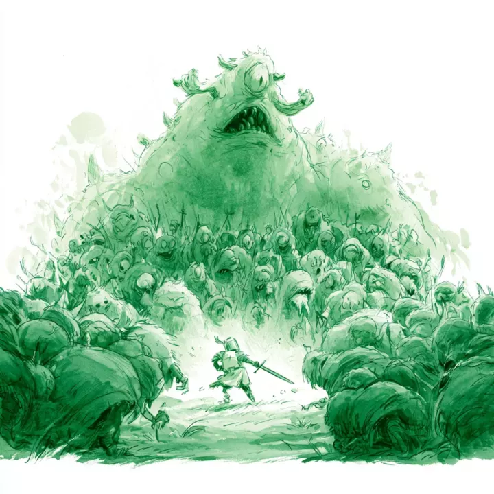 Dessin vert d'un guerrier solitaire à l'épée face à une horde de créatures monstrueuses dominée par un colosse