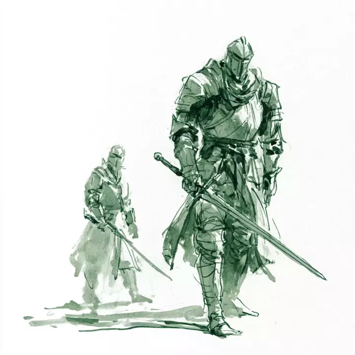 Croquis à l'encre verte de deux chevaliers en armure tenant une épée pointe vers le sol, fond blanc.